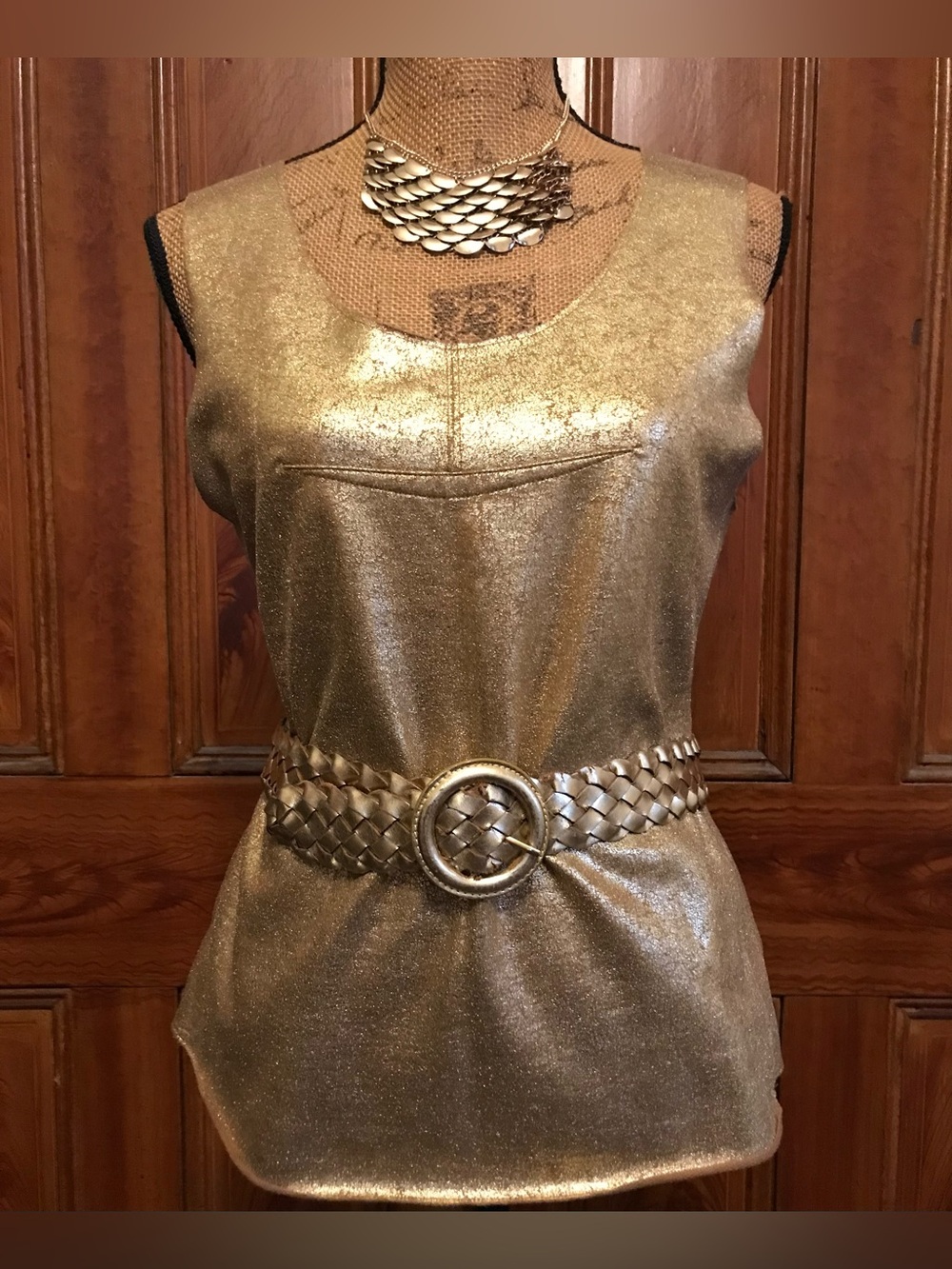 Vintage Boho Hippie Disco BCBGMaxazria Gold Faux Leather-look Tank Top Blouse